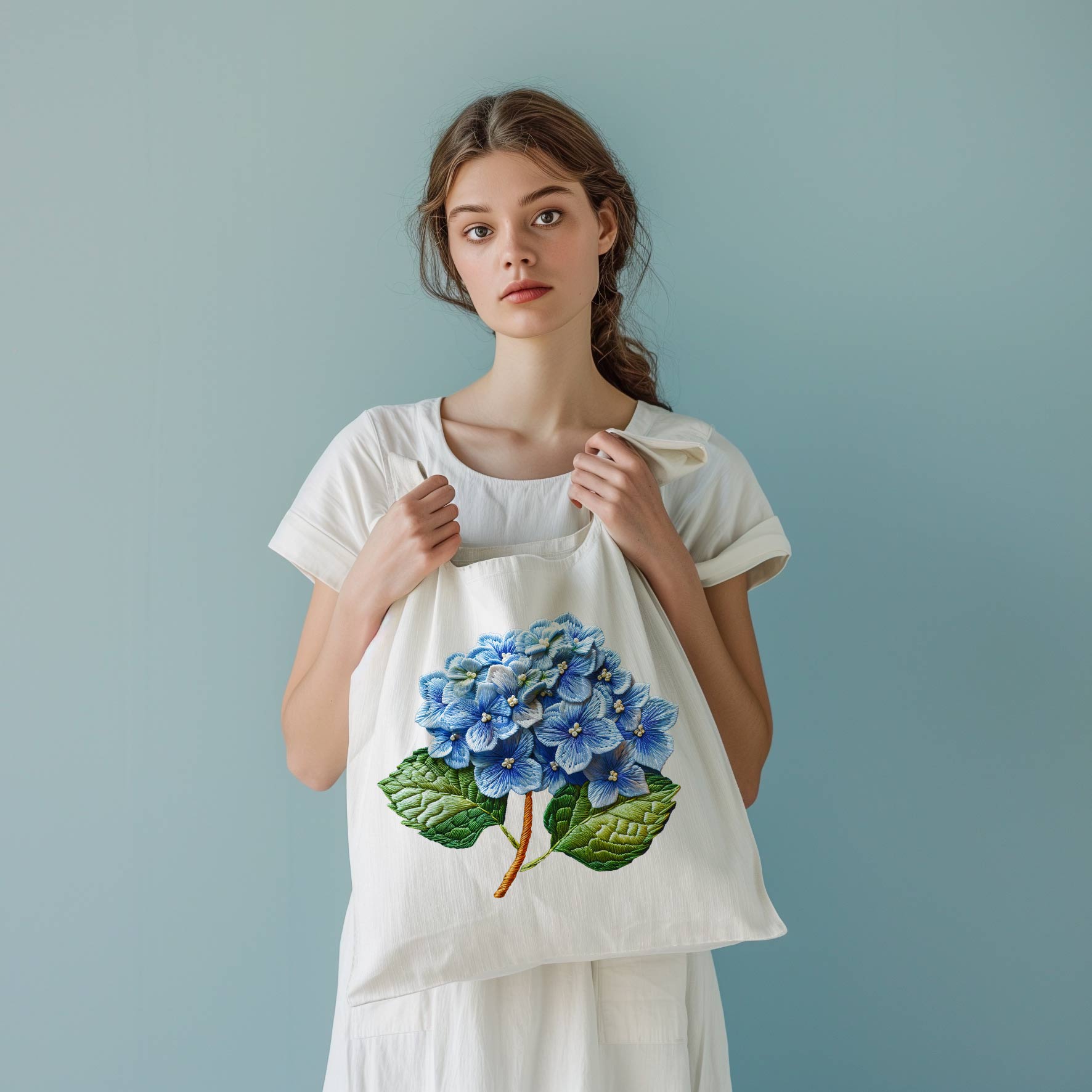 Nažehlovačka Modrá Hortenzia, biela plátená taška s potlačou hortenzie