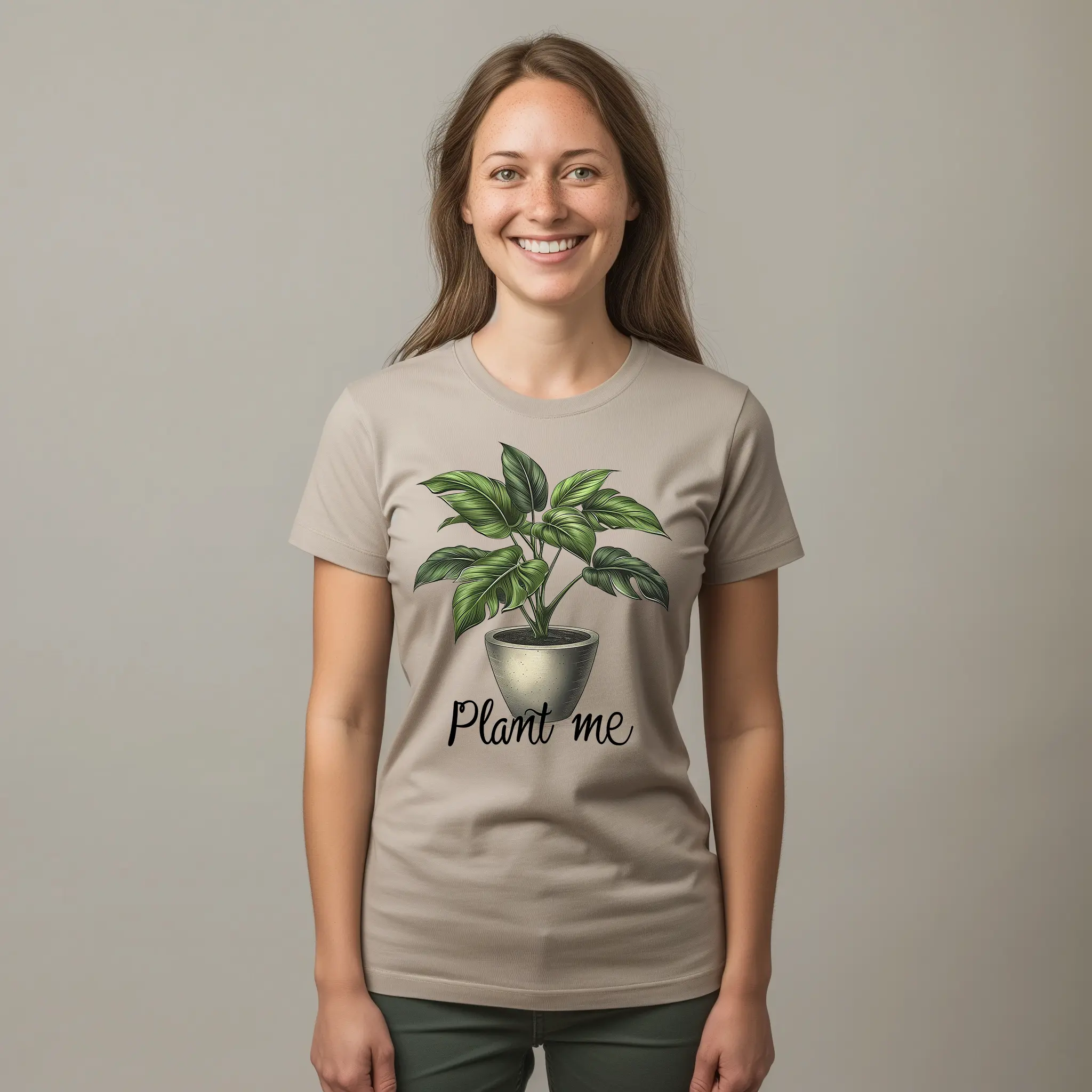 Tričko s potlačou PLANT ME pre milovníkov kvetov, dievča v tričku s nažehlovačkou
