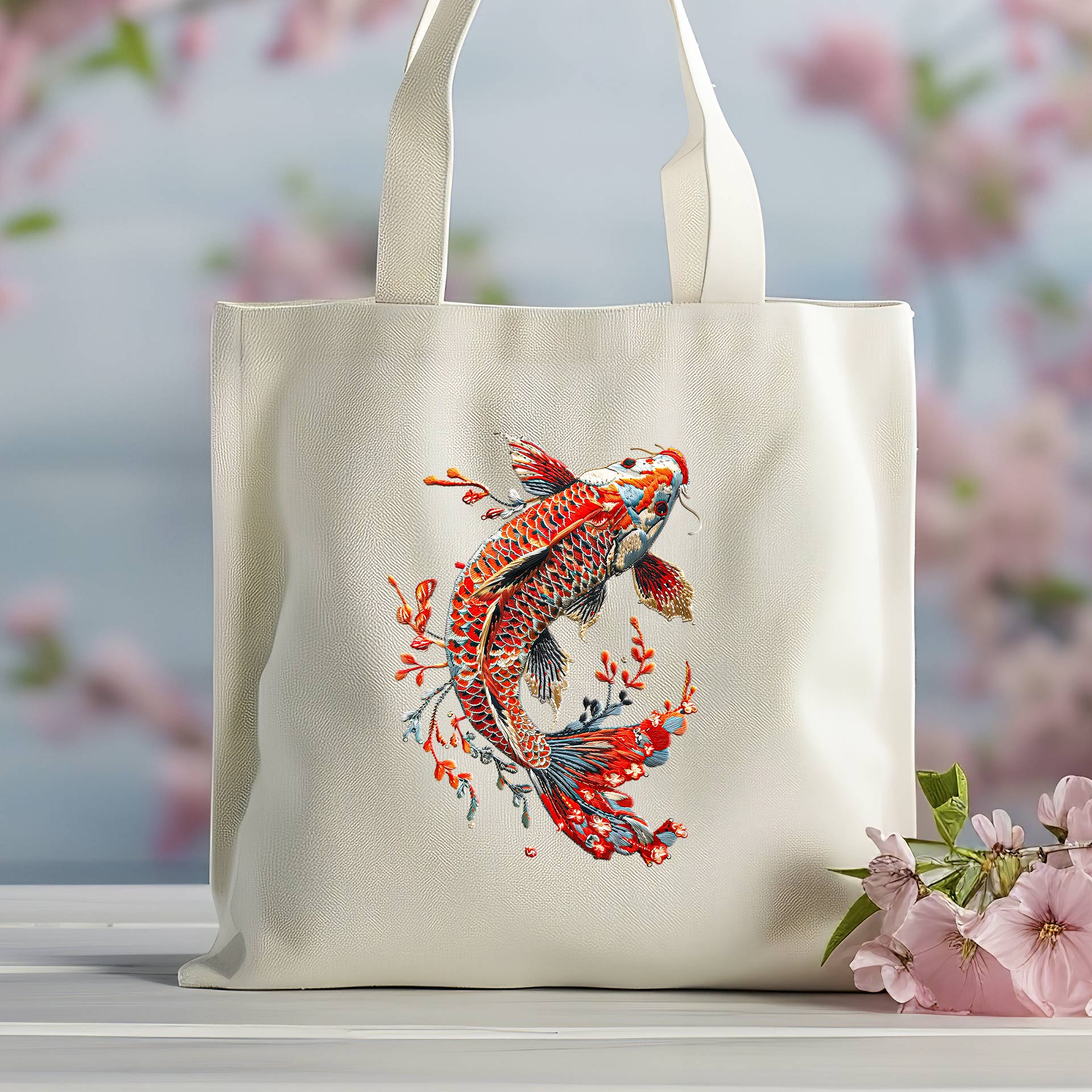 Biela plátená taška s potlačou - nažehľovačka japonská rybka koi