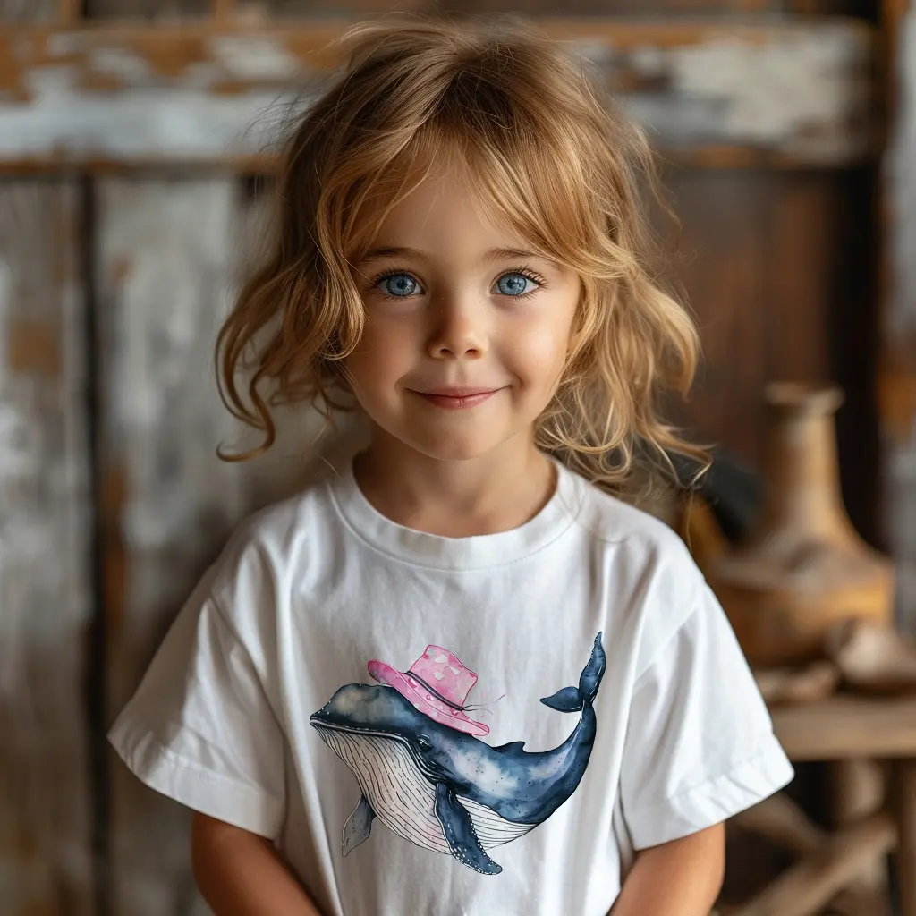 Malé dievčatko v bielom tričku, na ktorom je nažehlovačka veľryba
