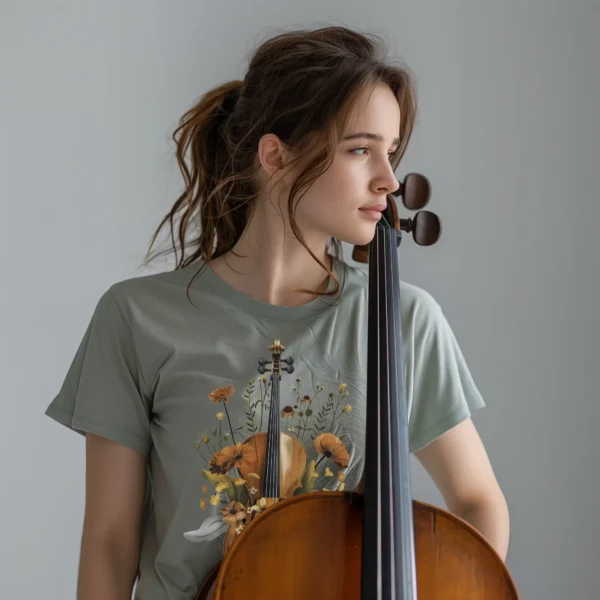 Mladá violončelistka v tričku s potlačou pre hudobníkov, nažehlovačka s čelom